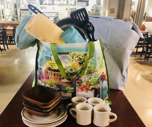 A bag of food on top of a table.