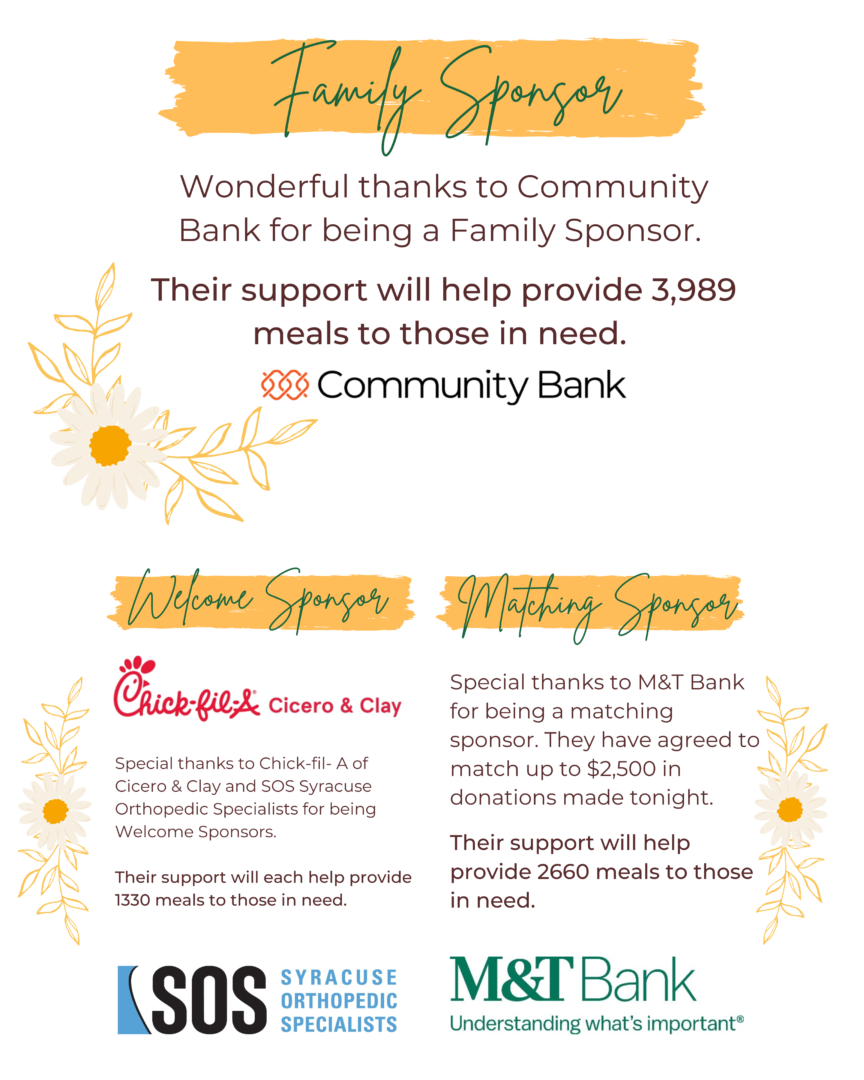 Thank you to our Family Sponsor, Community Bank, our Welcome Sponsors Chick-fil-A of Cicero and Clay and Syracuse Orthopedic Specialists, and Matching Sponsor M&T Bank